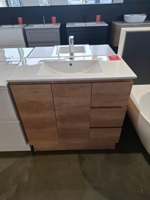 Ex Display Oak Vanity 900mm Floor Mount With Ceramic Top.