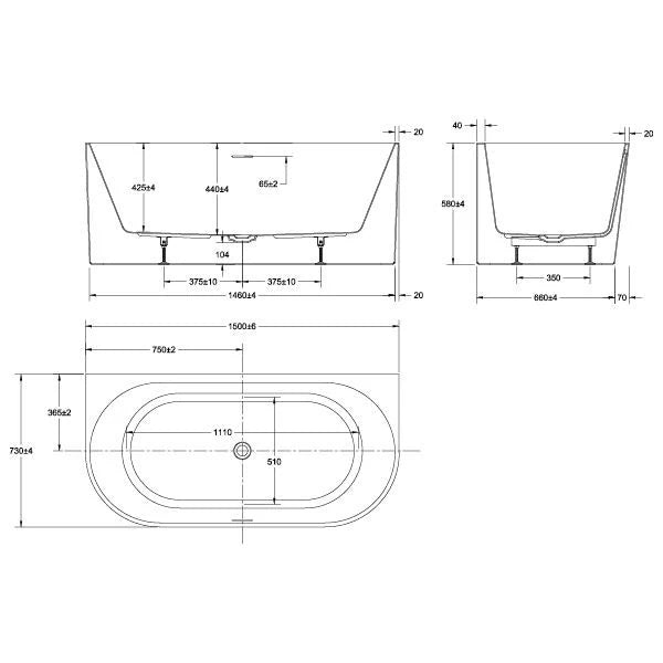 Adore Back To wall Freestanding Gloss White Bath With Overflow 1500mm