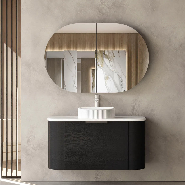 Bondi 900mm Black Oak Wall Hung Curve Vanity with Natural Carrara stone top