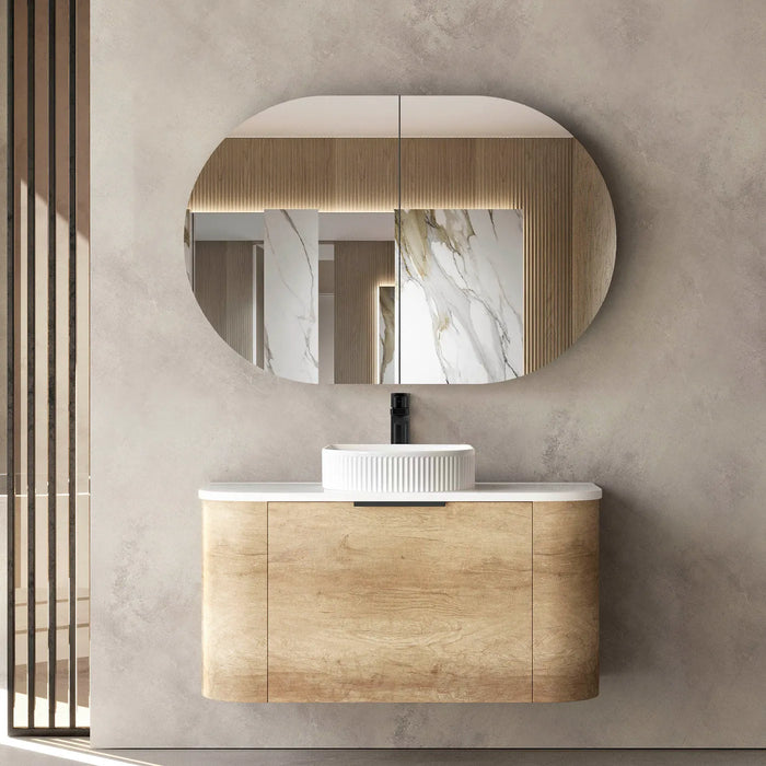 Bondi 900mm Natural Oak Wall Hung Curve Vanity with Natural Carrara stone top