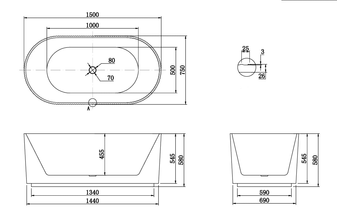 Berri Freestanding Fluted Bath Matte White 1500mm
