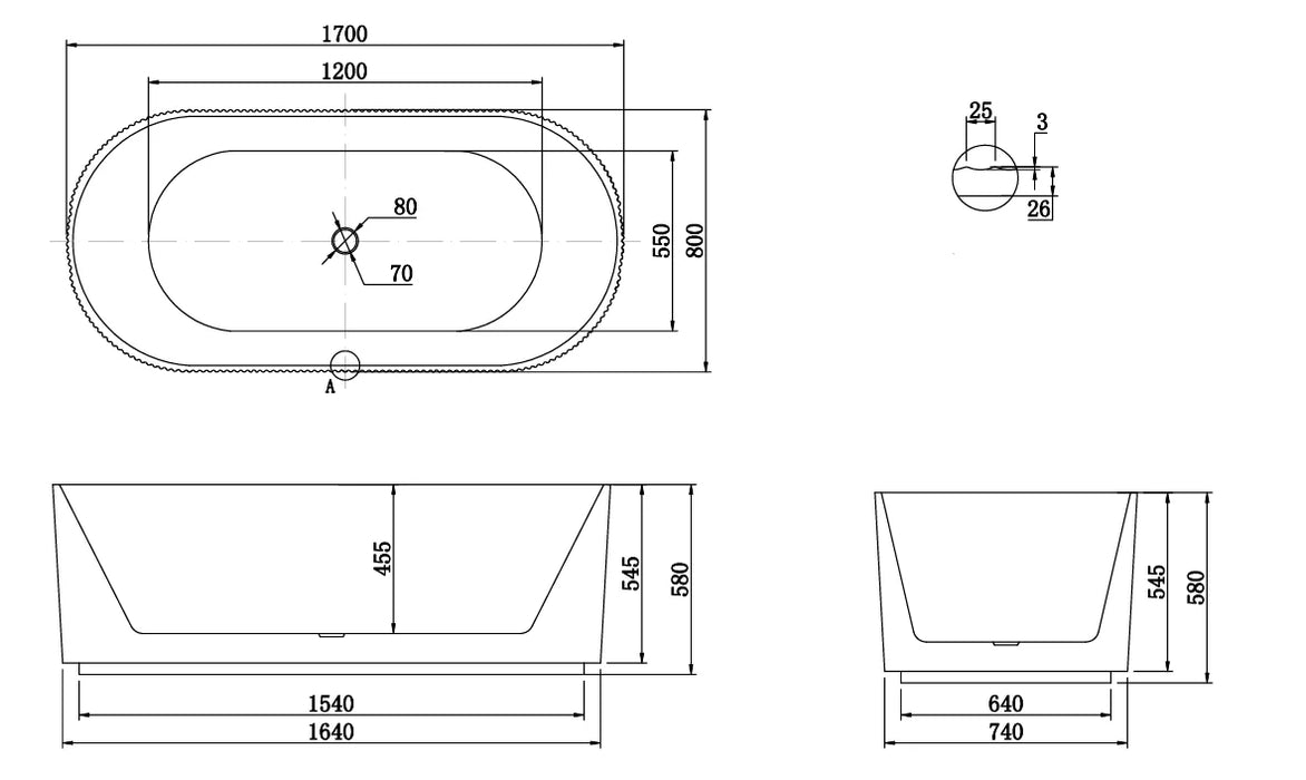 Berri Freestanding Fluted Bath Gloss White 1700mm