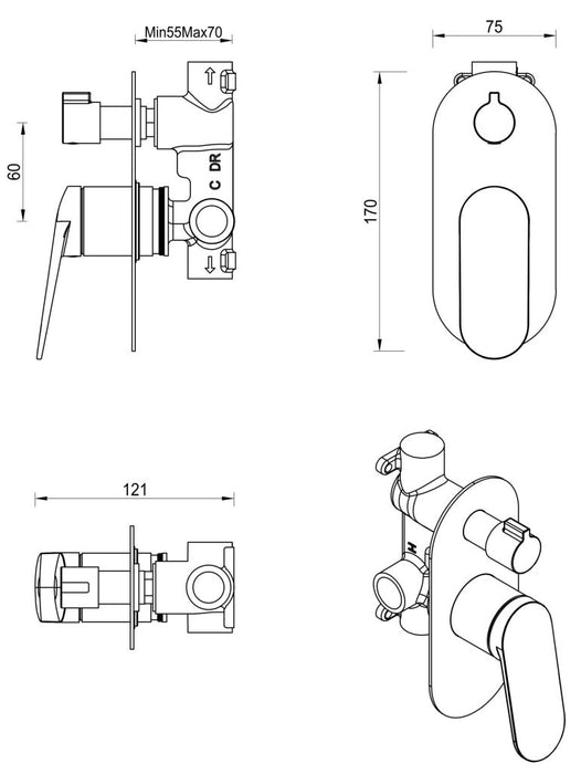 Lantra Shower Mixer Diverter - Oval Plate