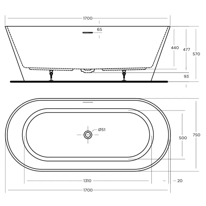 Nava Bath Tub - Freestanding 1700mm With OverFlow