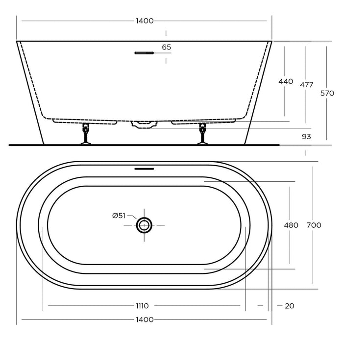 Nava Bath Tub - Freestanding 1400mm With OverFlow