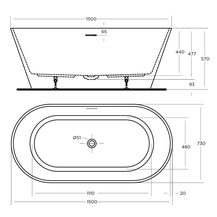 Nava Bath Tub - Freestanding 1500mm With OverFlow